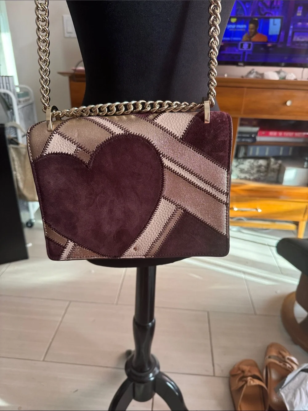 kate spade Burgundy and Rose Gold Heart Chain Shoulder Bag 